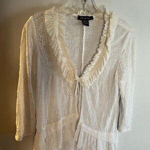 Michael Tyler White Crinkled Soft Mesh Tie Front Top/Jacket, Made in Canada